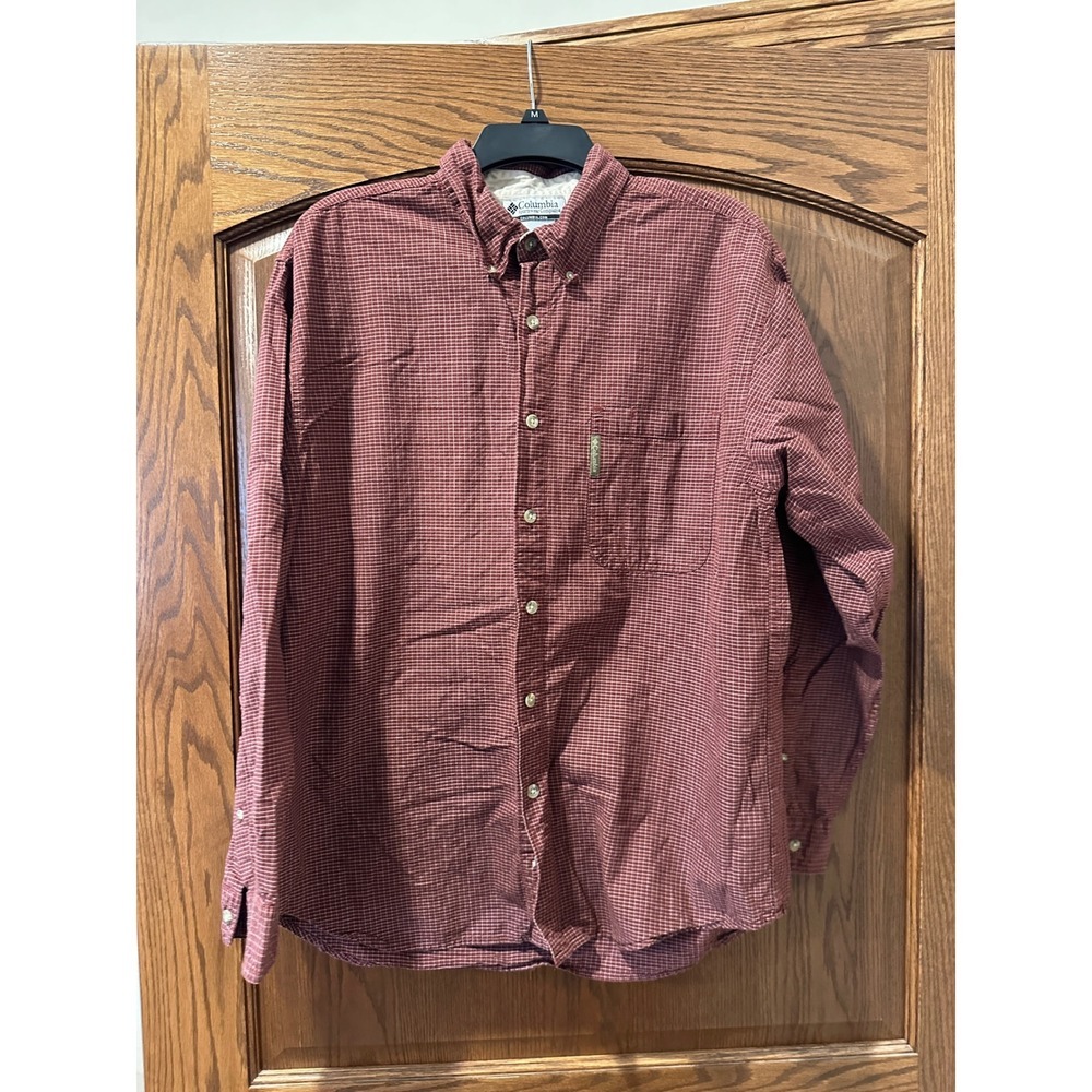 Columbia Mens Large Button Down‎ Shirt Maroon Plaid Long Sleeve Outdoor Casual